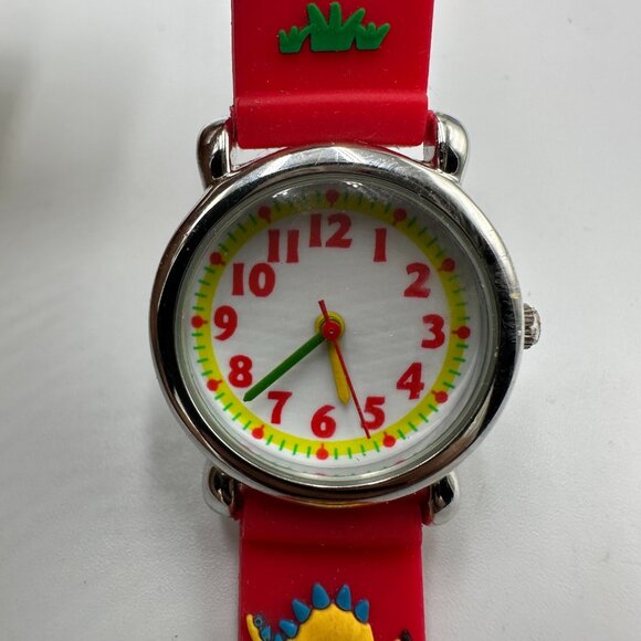3/$30 Dinosaur Watch Boys Silver Tone Red Band Easy To Read Dial  7.5" - Picture 1 of 12